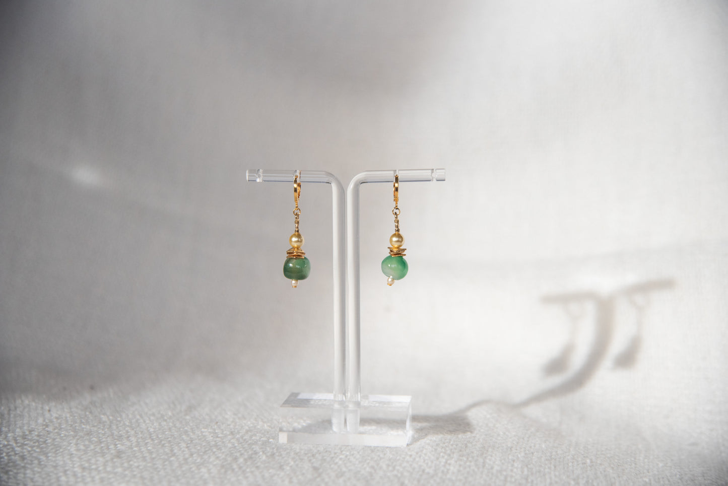 Earrings - Women's Natural Green Stone, Gold and Imitation Pearl