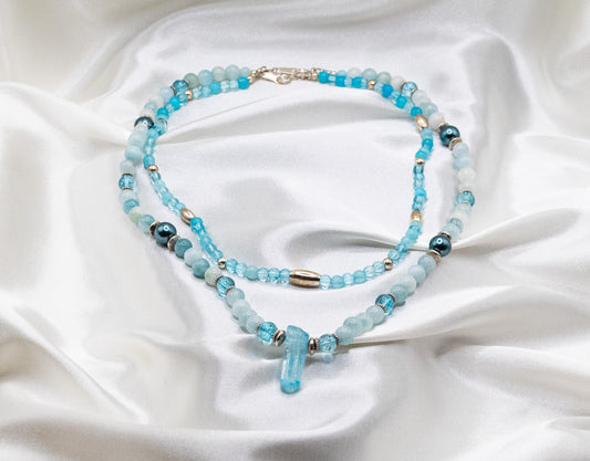 Necklace: Women's Duo Blue Natural Stones and Silver Beads Necklaces