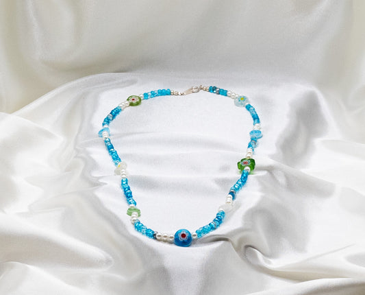 Necklace: Women's Imitation Mixed Blue & Pearl Beads